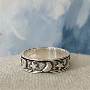 Sterling Silver 925 Moon & Stars Spinner Ring / Fidget Ring Celestial Silver 9
